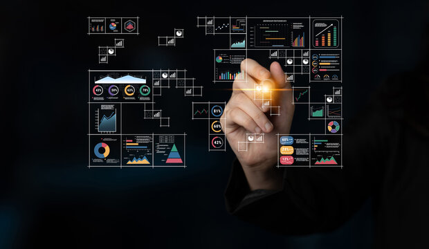 A big data visualization and business analytics dashboard grid. A complex collection of charts and graphs for comprehensive company reporting. Motif