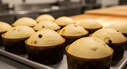 Unbaked panettone lined up on tray — artisan production scene.