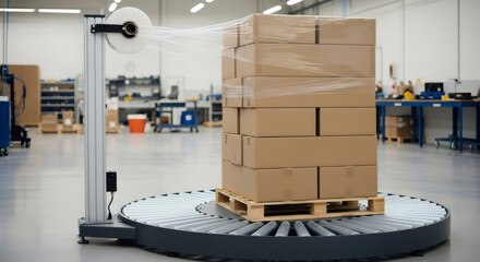 Package of boxes on a wooden pallet being shrink-wrapped by an automatic machine in a modern warehouse, warehouse logistics and delivery concept.