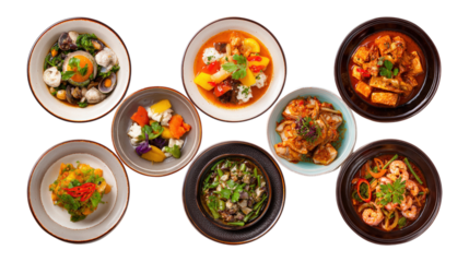 A collage of different dishes on round plates isolated on a white background