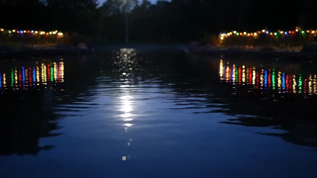 Night scene of illuminated string lights reflecting on the water