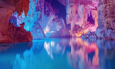 Mystical cave with colorful rock formations and water reflections