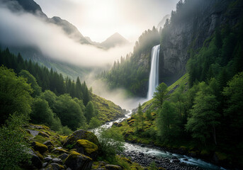 A spectacular view of a powerful waterfall and river rapids flowing through a pristine mountain landscape covered in ethereal morning fog and lush green forest