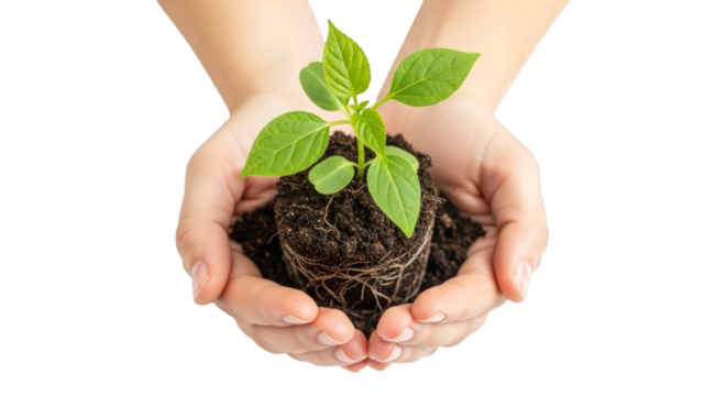 Hands holding plant seedling growing in soil springtime care on transparent background