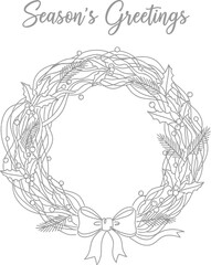 Season's greetings card with a hand drawn christmas wreath on a white background © Murshid