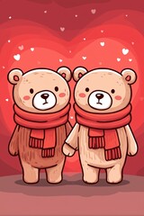 Fototapeta premium Cute Cartoon Bears Holding Hands, Celebrating Love in a Cozy Heart-Themed Setting