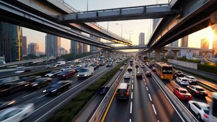 wide daytime expressway under twin overpasses with heavy commuter traffic, brisk motion of cars, buses and taxis during golden hour, concrete pillars, distant skyline and urban congestion atmosphere - Powered by Adobe