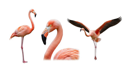 Obraz premium Beautiful flamingo poses isolated on a transparent layout on transparent background