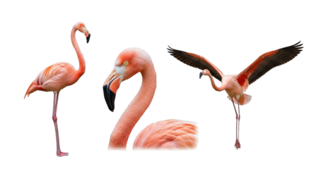 Beautiful flamingo poses isolated on a transparent layout on transparent background