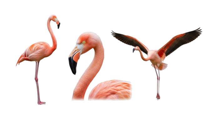 Beautiful flamingo poses isolated on a transparent layout on transparent background