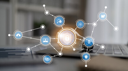 This digital illustration highlights a security network featuring a padlock symbol, representing the importance of cybersecurity and data protection in modern workspaces. Crux