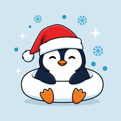 Cute Christmas Penguin Wearing Santa Hat Cartoon Vector