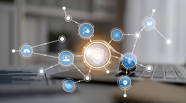 This digital illustration highlights a security network featuring a padlock symbol, representing the importance of cybersecurity and data protection in modern workspaces. Crux