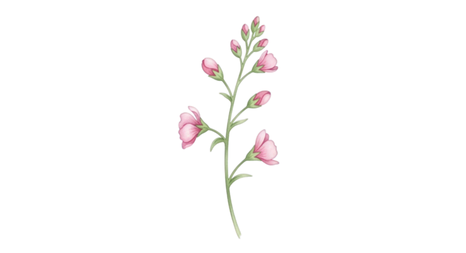 Watercolor floral illustration of pink flowers on a stem on transparent background