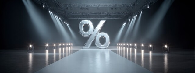 Silver percent symbol on a spotlight stage in a dark hall. Perfect for finance, promotion, and marketing themes. banner 