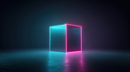 Bright glowing cube in dark space with colorful edges
