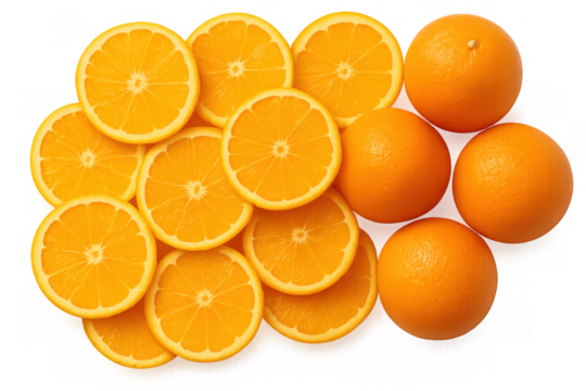 Fresh orange slices and whole fruits illustrating citrus health, vitamin c, and healthy eating on a transparent background