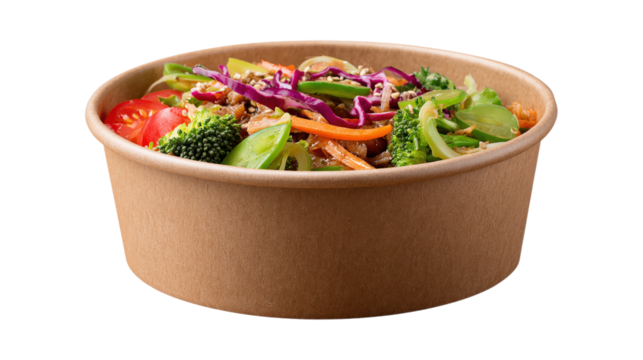 Concept of lunch, paper bowl with food isolated on a white background
