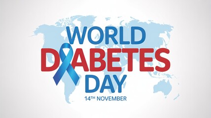 Diabetes Day graphic showing blue ribbon over world map.