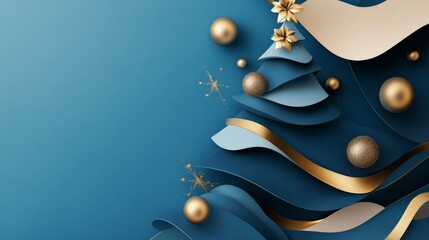 Elegant Christmas tree illustration with gold ornaments and blue background for festive designs