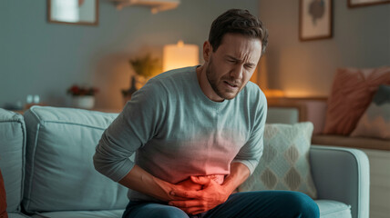 Man sitting on a couch holding his stomach in pain with a pained expression on his face at home