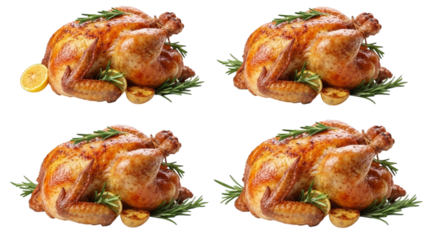 Roasted thanksgiving turkey with lemon and rosemary herbs on transparent background