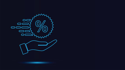 Fast Discount Offer Vector Illustration Hand Holding Percentage Badge Icon Quickly Delivering Promotional Savings and Financial Benefits on Dark Blue Background