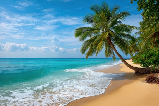 A solitary palm tree leans over a pristine sandy beach with turquoise ocean waves