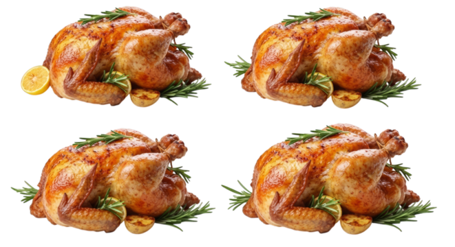 Roasted thanksgiving turkey with lemon and rosemary herbs on transparent background