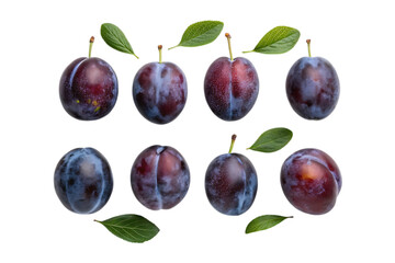 Fresh plums with leaves on white clean background