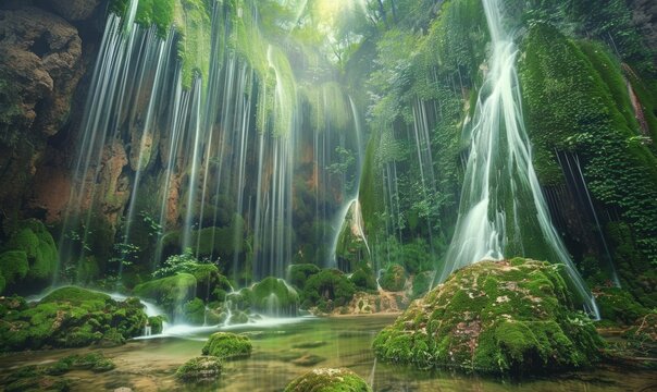 Scenic waterfall cascade through lush green forest landscape environment - Powered by Adobe