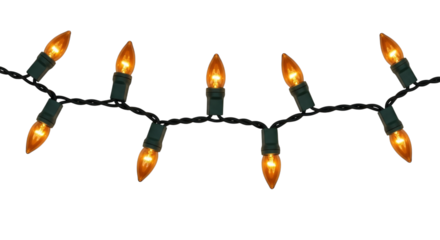 Festive holiday string lights glowing against a void space on transparent background