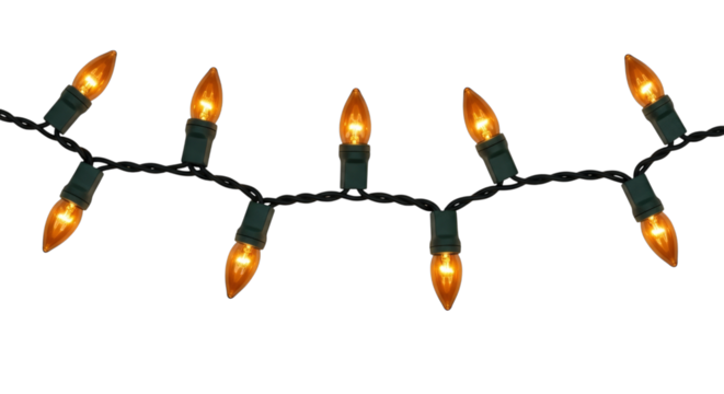 Festive holiday string lights glowing against a void space on transparent background