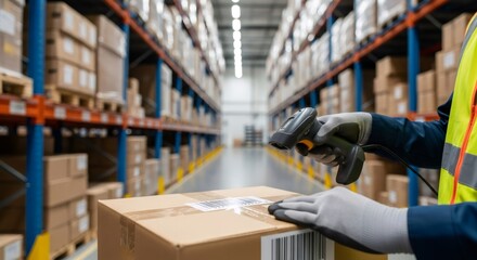 Man scanning barcode on cardboard box in warehouse. Supply chain management worker in logistic distribution center. Global freight transportation.