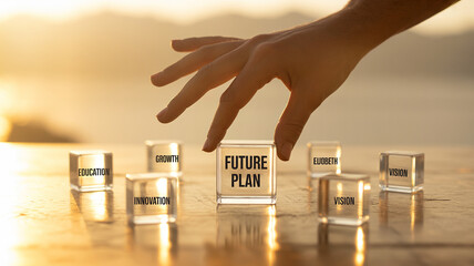 Hand arranging clear blocks with future plan education growth innovation vision and eliobeth on table