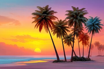 Vibrant tropical sunset with silhouetted palm trees casting long shadows on a serene beach