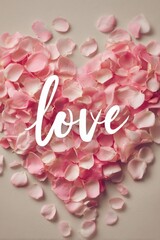 Obraz premium Heart Shaped Arrangement of Pink Flower Petals With the Word Love in Elegant Script