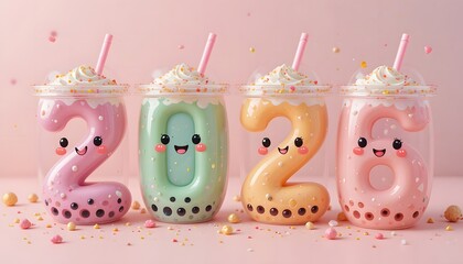 Adorable 2026 Bubble Tea Cups with Smiling Faces and Colorful Sprinkles – Cute Kawaii New Year Design. 2026 food
