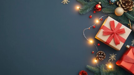 Christmas gift boxes with festive decorations and copy space for holiday greetings or messages