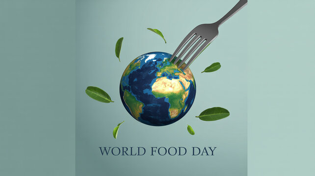 A conceptual image of world food day with earth fork and leaves on a light blue background