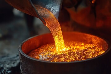 Molten Metal Pouring into a Crucible in a Foundry.