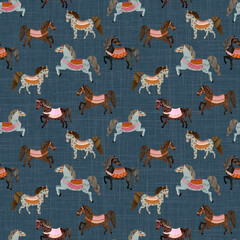 Seamless digital watercolor pattern with elegant decorative horses on a linen textured blue background. Ideal for fabric, gift wrap, stationery, or festive designs for the Year of the Horse.