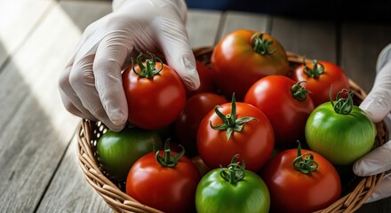 Hands wearing white gloves carefully placing ripe red and green tomatoes into a woven basket on a rustic wooden surface