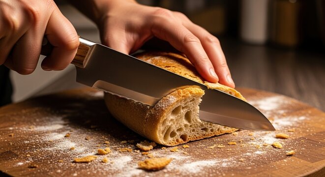 Close up of hands slicing a rustic loaf of artisan sourdough bread with seeds on a wooden cutting board dusted with flour - Powered by Adobe