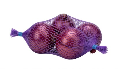 Red onions in mesh bag fresh produce vegetables cooking ingredient healthy food allium cepa isolated background on transparent background