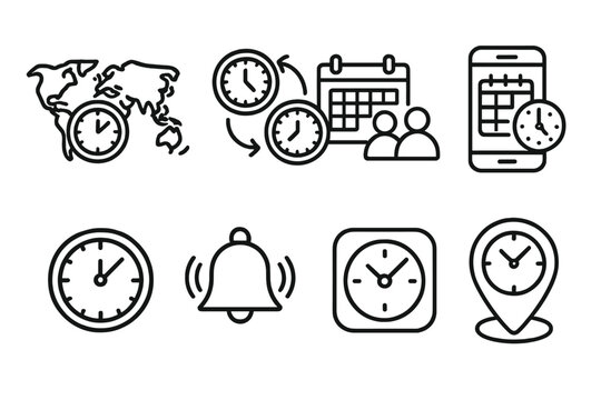 Time Management Icons. Time Zone Management linear icon set: world map with clocks, time sync arrows, appointment planner, meeting icon, mobile schedule, clock widget, reminder