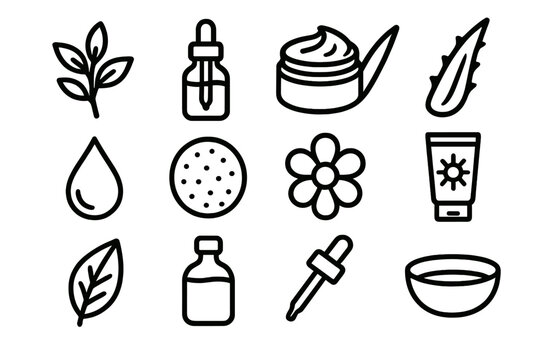 Skincare Icons Collection. Natural Skincare linear icon set: plant, serum bottle, moisturizer jar, aloe leaf, water droplet, cotton pad, flower, sunscreen tube, leaf, glass bottle,