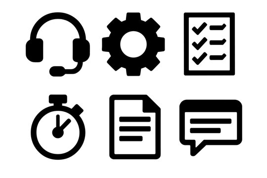 Bold Service Icons. Service responsiveness silhouette icon set: headset, gear, checklist, stopwatch, document, chat window.