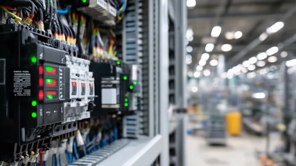 273Close-up of high-voltage breakers inside electrical cabinet, red and green LEDs illuminated, wires and connectors sharply in focus