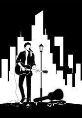 Minimalist Black and White Musician Performing with Guitar Against Cityscape Illustration